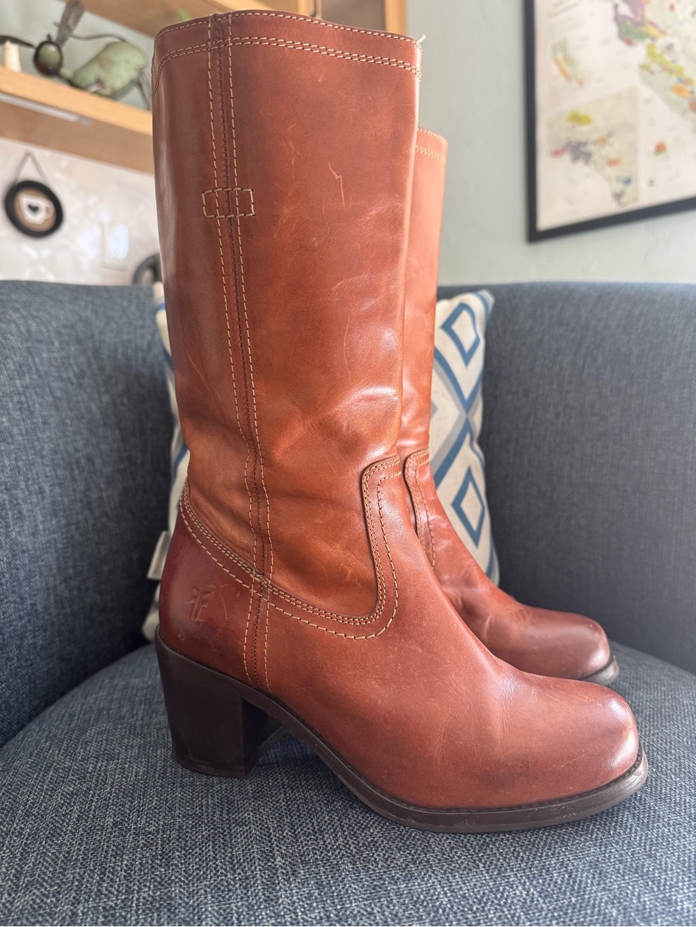 Frye Cognac Leather Mid-Calf Heeled Boots